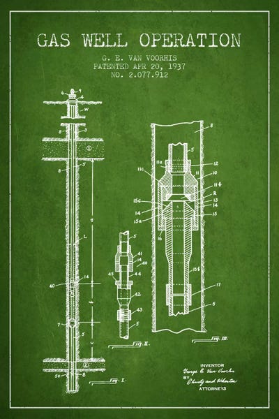 Engineering & Machinery Blueprints: Gas Well Operation Green Patent Blueprint by Aged Pixel