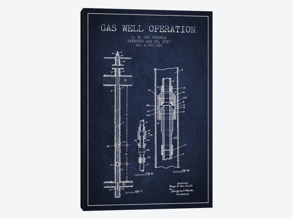 Gas Well Operation Navy Blue Patent Blueprint by Aged Pixel 1-piece Canvas Artwork