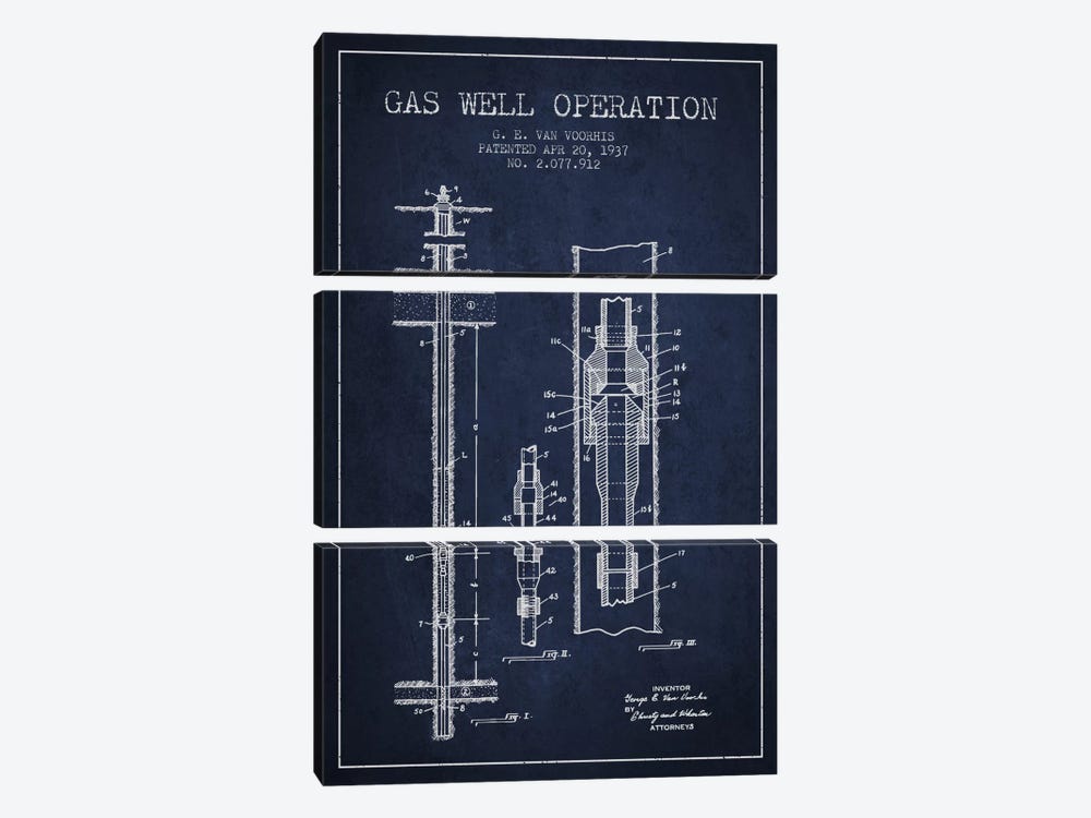 Gas Well Operation Navy Blue Patent Blueprint by Aged Pixel 3-piece Canvas Artwork