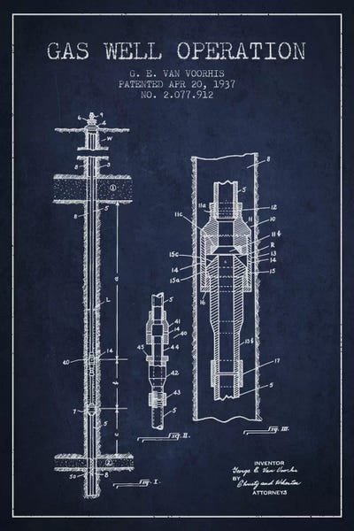 Aged Pixel: Gas Well Operation Navy Blue Patent Blueprint by Aged Pixel