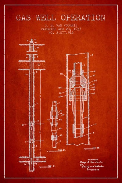 Gas Well Operation Red Patent Blueprint by Aged Pixel metal wall art