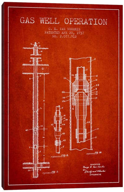 Gas Well Operation Red Patent Blueprint Canvas Art Print - Aged Pixel: Engineering & Machinery