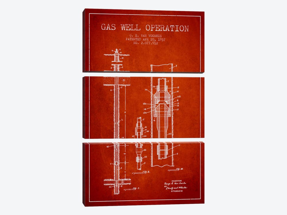 Gas Well Operation Red Patent Blueprint 3-piece Canvas Print