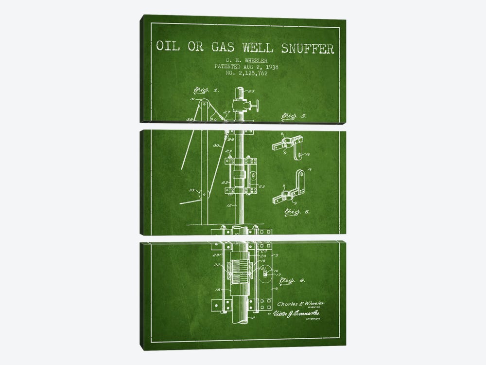 Gas Oil Snuffer Green Patent Blueprint by Aged Pixel 3-piece Canvas Wall Art