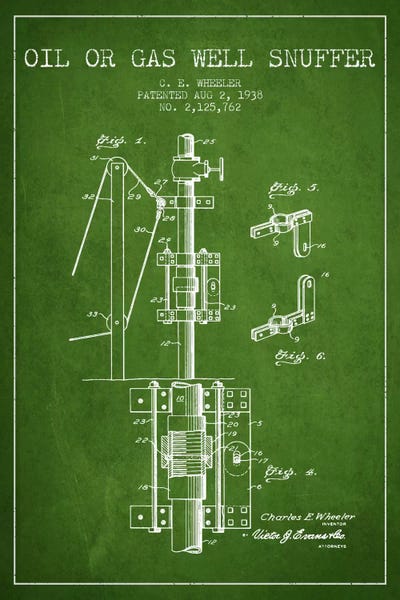 Engineering & Machinery Blueprints: Gas Oil Snuffer Green Patent Blueprint by Aged Pixel