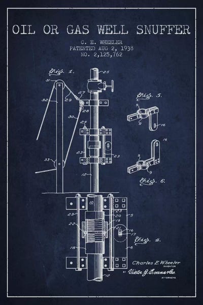 Gas Oil Snuffer Navy Blue Patent Blueprint by Aged Pixel metal wall art