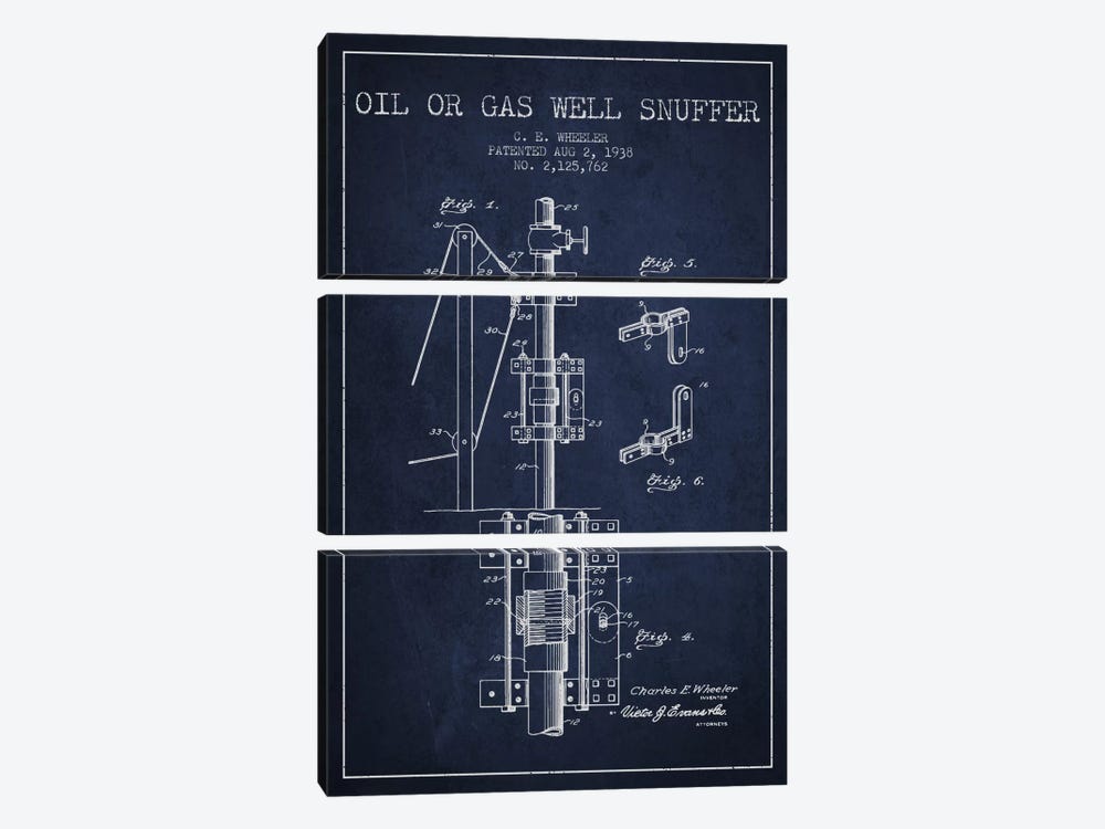 Gas Oil Snuffer Navy Blue Patent Blueprint by Aged Pixel 3-piece Canvas Art Print