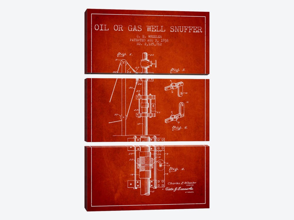 Gas Oil Snuffer Red Patent Blueprint by Aged Pixel 3-piece Canvas Artwork