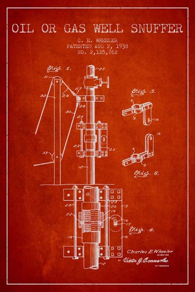 Engineering & Machinery Blueprints: Gas Oil Snuffer Red Patent Blueprint by Aged Pixel
