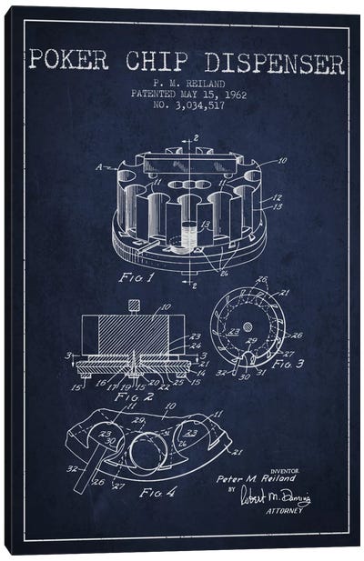 Poker Chip 3 Navy Blue Patent Blueprint Canvas Art Print - Toy & Game Blueprints