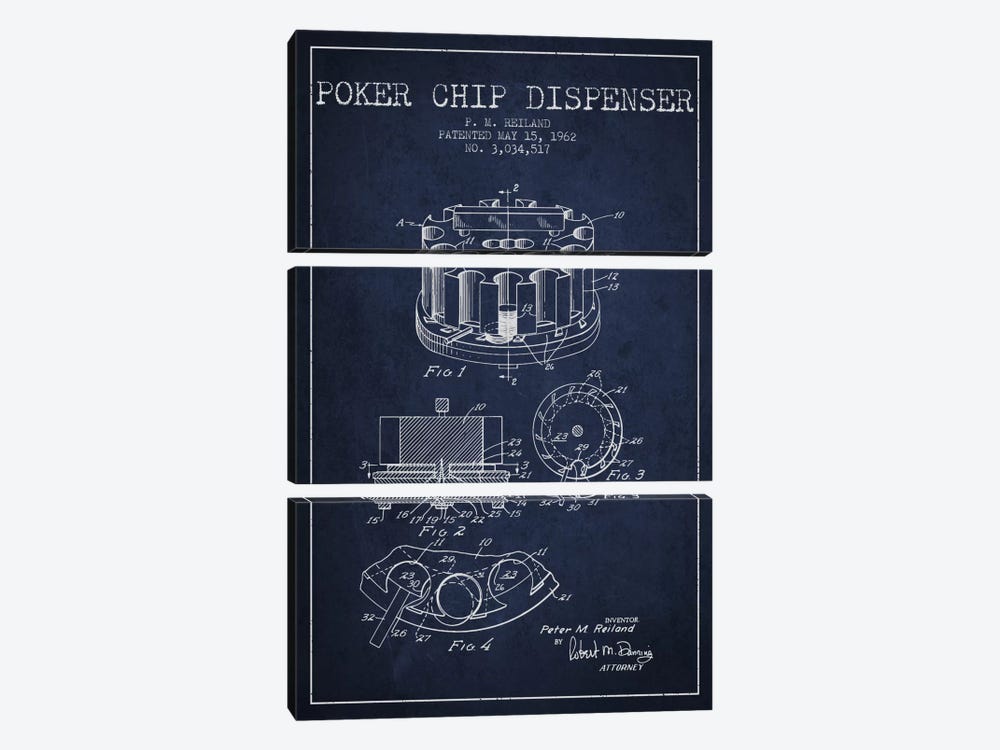 Poker Chip 3 Navy Blue Patent Blueprint by Aged Pixel 3-piece Canvas Art