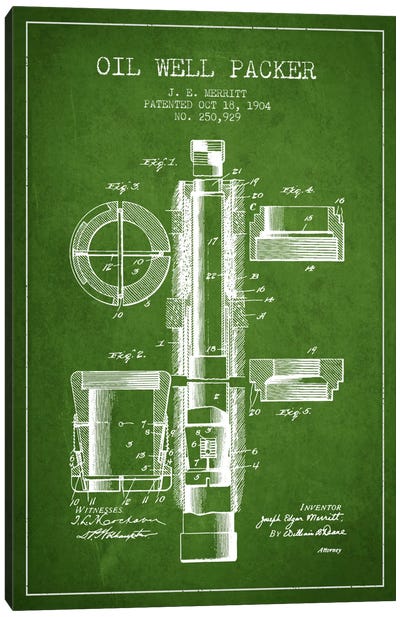 Oil Packer Green Patent Blueprint Canvas Art Print - Engineering & Machinery Blueprints