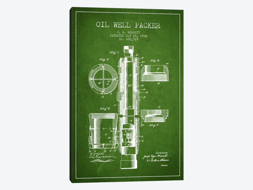 Oil Packer Green Patent Blueprint by Aged Pixel 1-piece Canvas Art Print