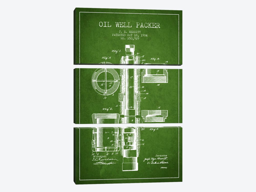 Oil Packer Green Patent Blueprint by Aged Pixel 3-piece Art Print