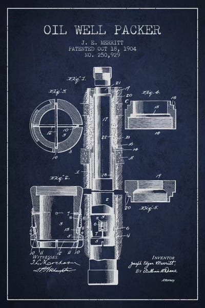 Engineering & Machinery Blueprints: Oil Packer Navy Blue Patent Blueprint by Aged Pixel