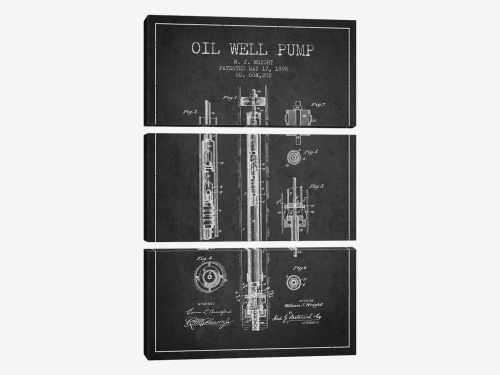 Oil Well Pump Charcoal Patent Blueprint by Aged Pixel 3-piece Canvas Art Print
