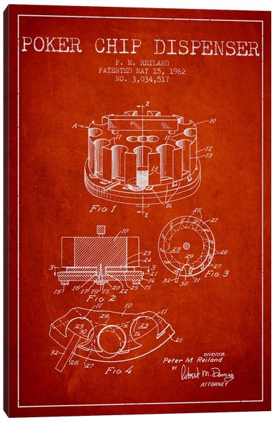 Poker Chip 3 Red Patent Blueprint Canvas Art Print - Toy & Game Blueprints
