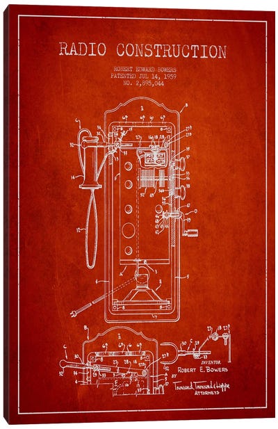 Bowers Radio Red Patent Blueprint Canvas Art Print - Electronics & Communication Blueprints