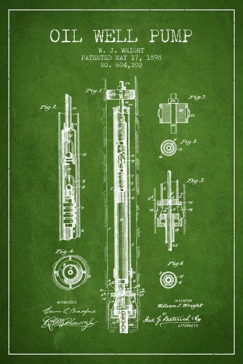 Oil Well Pump Green Patent Blueprint by Aged Pixel wall art