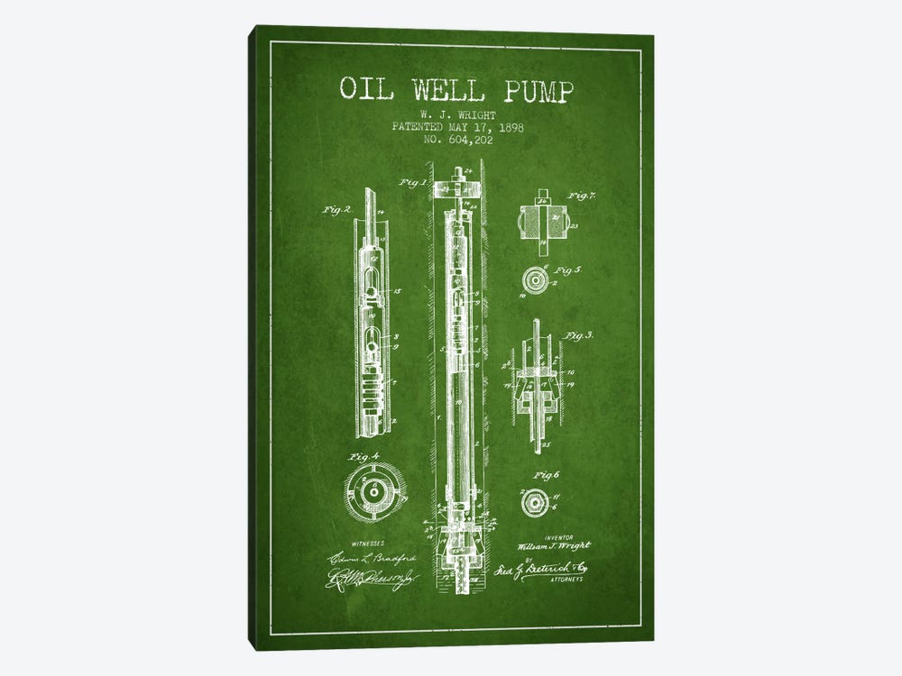 Oil Well Pump Green Patent Blueprint by Aged Pixel 1-piece Canvas Art