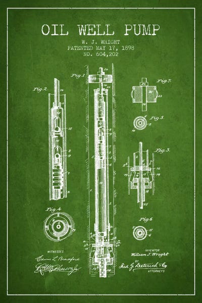 Engineering & Machinery Blueprints: Oil Well Pump Green Patent Blueprint by Aged Pixel