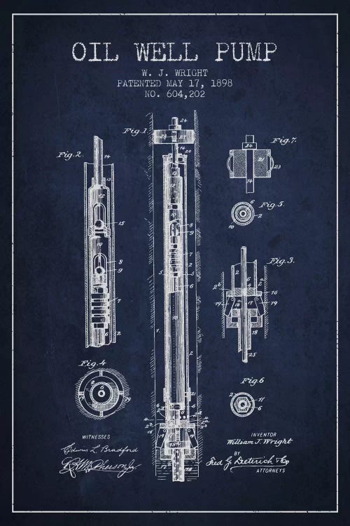 Oil Well Pump Navy Blue Patent Blueprint