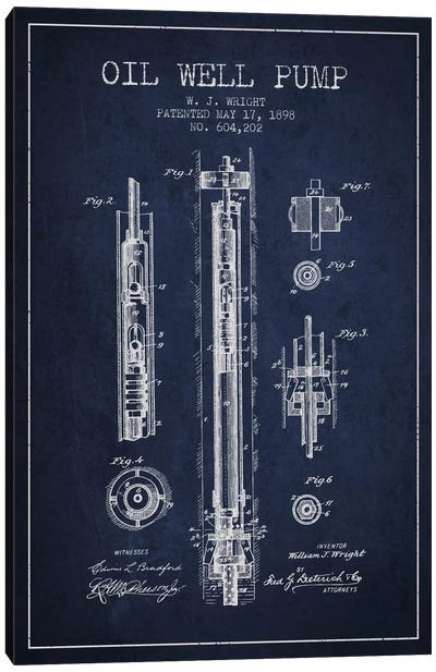 Oil Well Pump Navy Blue Patent Blueprint Canvas Art Print - Aged Pixel: Engineering & Machinery