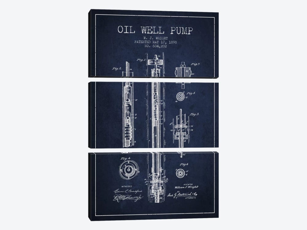 Oil Well Pump Navy Blue Patent Blueprint by Aged Pixel 3-piece Canvas Print