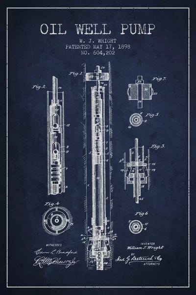 Engineering & Machinery Blueprints: Oil Well Pump Navy Blue Patent Blueprint by Aged Pixel
