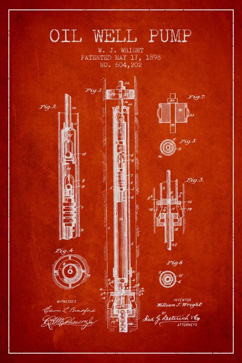 Oil Well Pump Red Patent Blueprint