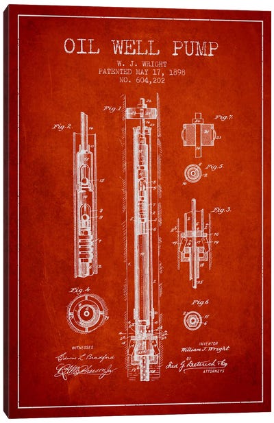Oil Well Pump Red Patent Blueprint Canvas Art Print - Aged Pixel: Engineering & Machinery