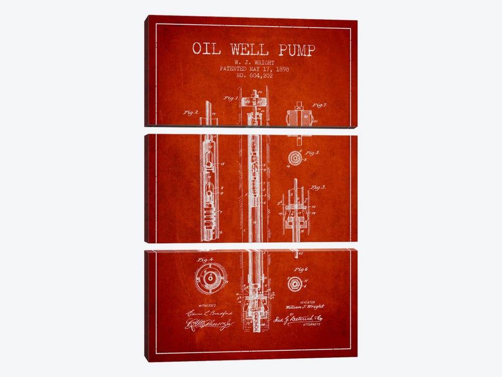 Oil Well Pump Red Patent Blueprint by Aged Pixel 3-piece Canvas Artwork