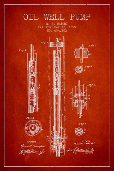 Engineering & Machinery Blueprints: Oil Well Pump Red Patent Blueprint by Aged Pixel