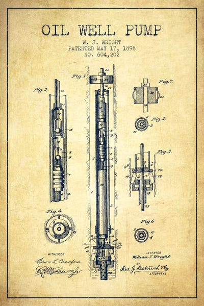 Engineering & Machinery Blueprints: Oil Well Pump Vintage Patent Blueprint by Aged Pixel