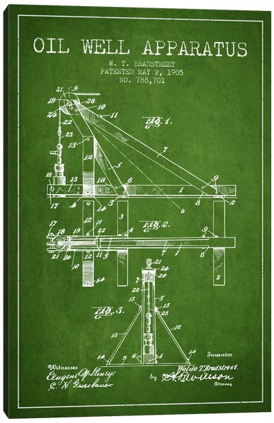 Oil Well Apparatus Green Patent Blueprint Canvas Art Print - Engineering & Machinery Blueprints