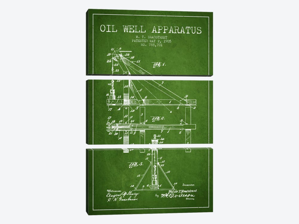 Oil Well Apparatus Green Patent Blueprint by Aged Pixel 3-piece Canvas Print