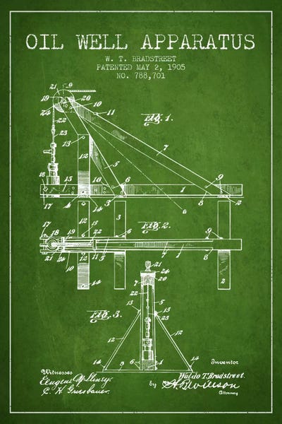 Engineering & Machinery Blueprints: Oil Well Apparatus Green Patent Blueprint by Aged Pixel