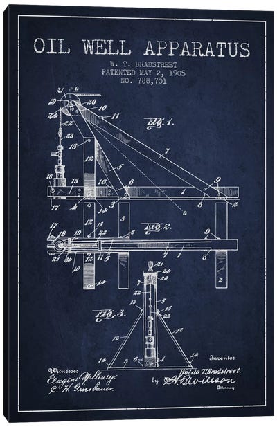 Oil Well Apparatus Navy Blue Patent Blueprint Canvas Art Print - Engineering & Machinery Blueprints