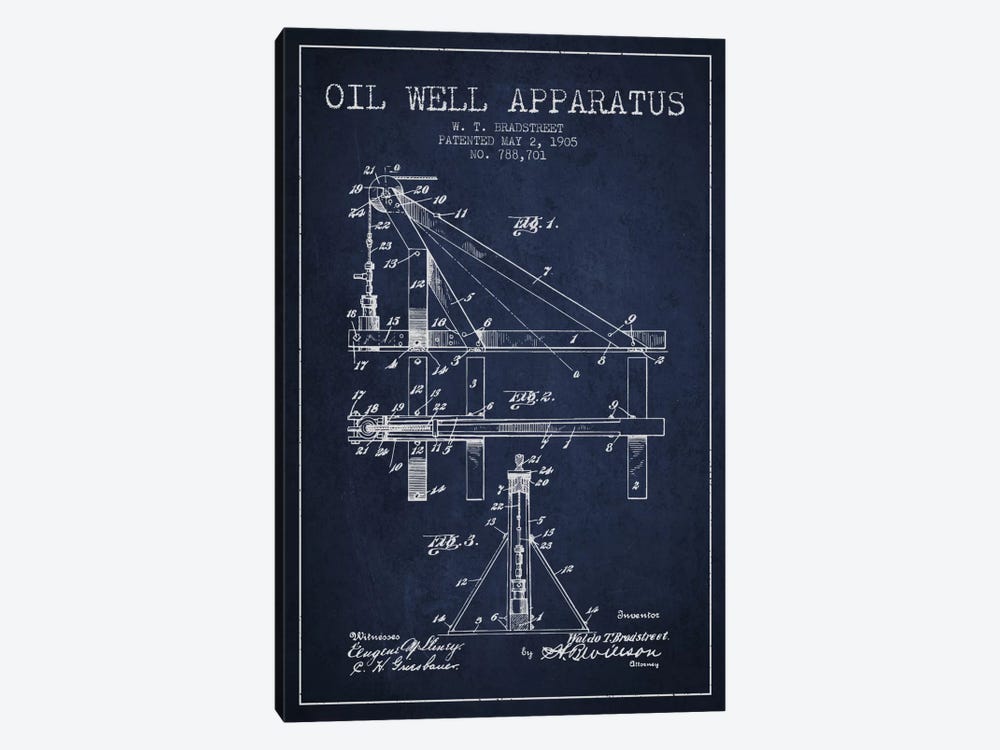 Oil Well Apparatus Navy Blue Patent Blueprint by Aged Pixel 1-piece Canvas Wall Art