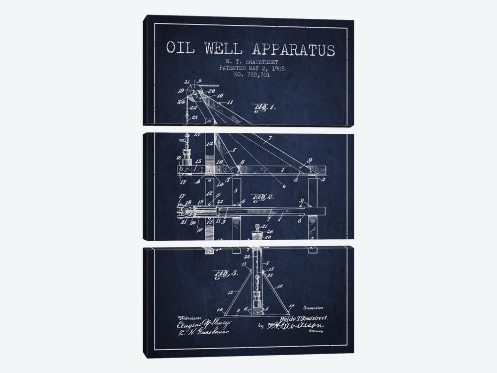 Oil Well Apparatus Navy Blue Patent Blueprint by Aged Pixel 3-piece Canvas Artwork
