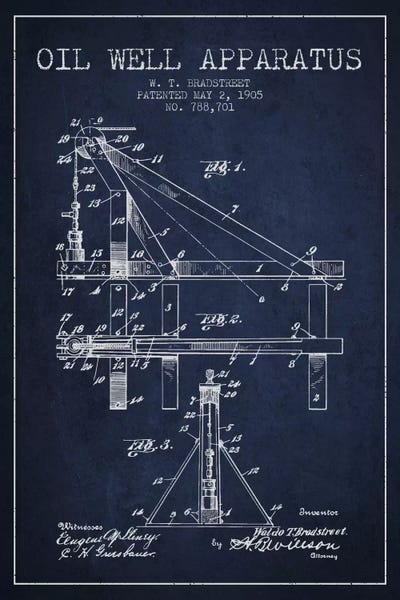 Engineering & Machinery Blueprints: Oil Well Apparatus Navy Blue Patent Blueprint by Aged Pixel