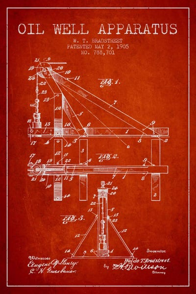 Oil Well Apparatus Red Patent Blueprint by Aged Pixel framed canvas print