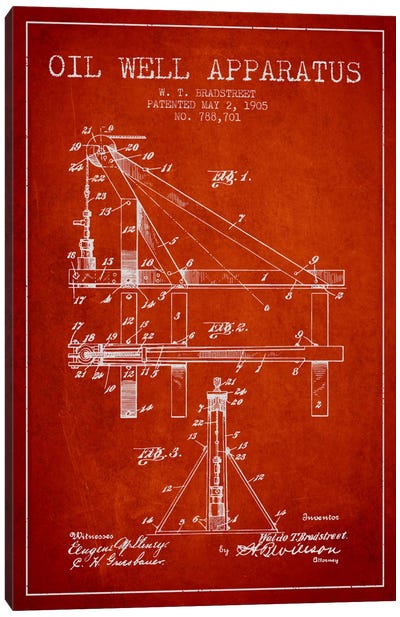 Oil Well Apparatus Red Patent Blueprint Canvas Art Print - Engineering & Machinery Blueprints