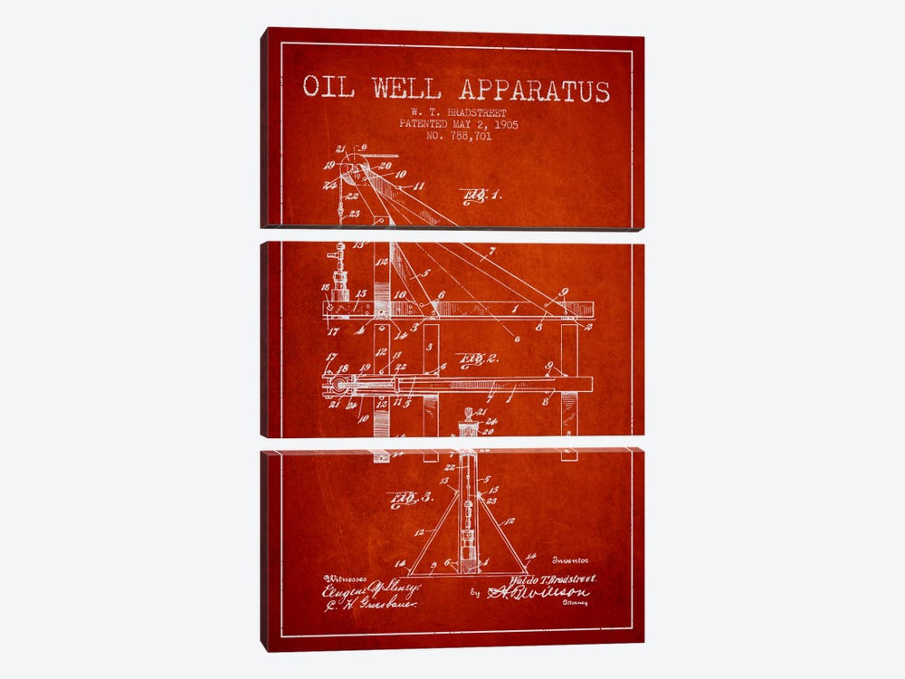 Oil Well Apparatus Red Patent Blueprint by Aged Pixel 3-piece Canvas Art Print
