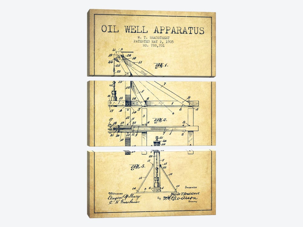 Oil Well Apparatus Vintage Patent Blueprint by Aged Pixel 3-piece Canvas Art