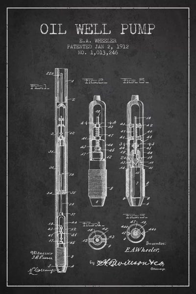 Engineering & Machinery Blueprints: Oil Well Pump Charcoal Patent Blueprint by Aged Pixel