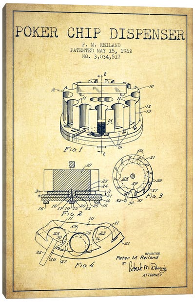 Poker Chip 3 Vintage Patent Blueprint Canvas Art Print - Toy & Game Blueprints