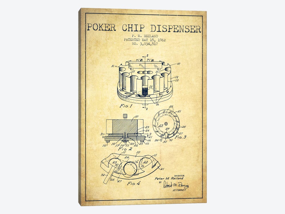 Poker Chip 3 Vintage Patent Blueprint by Aged Pixel 1-piece Canvas Art Print