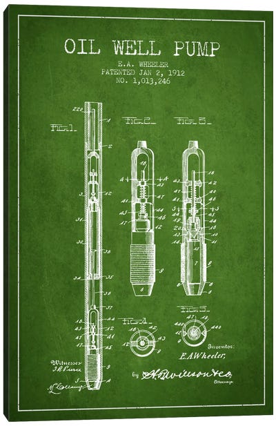 Oil Well Pump Green Patent Blueprint Canvas Art Print - Engineering & Machinery Blueprints