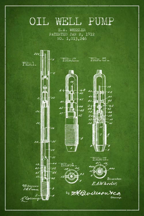 Oil Well Pump Green Patent Blueprint by Aged Pixel wall art